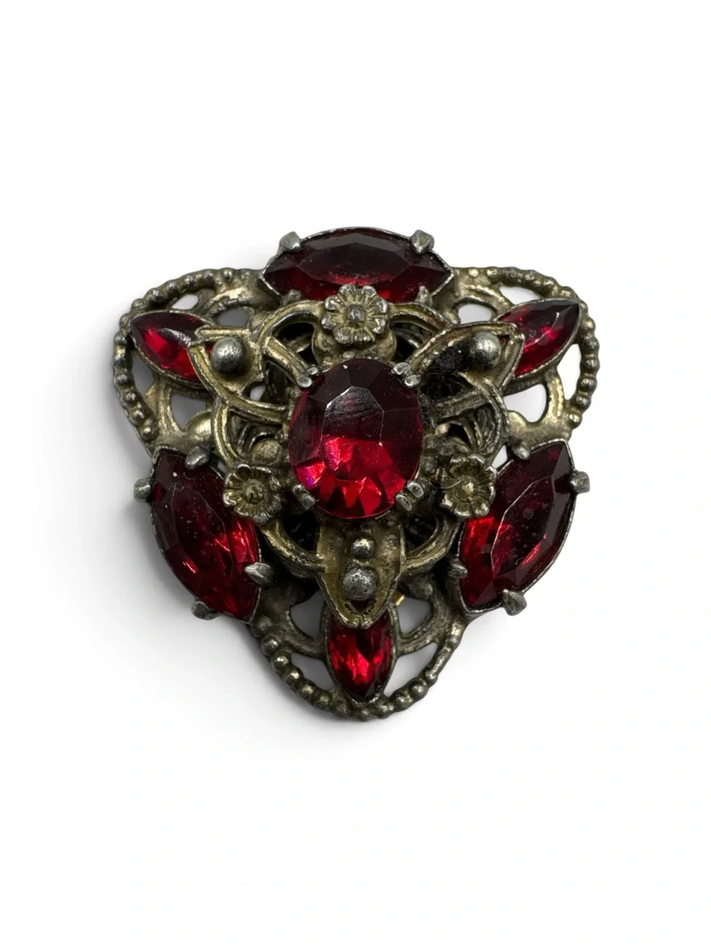 Vintage 1930s Art Deco Red Glass Rhinestone Brass Filigree Dress Clip